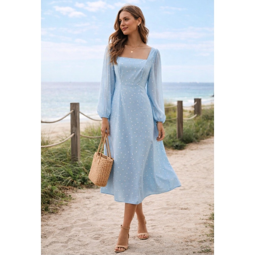 NEW! Fehaute Polka Dot Midi Milkmaid Dress Square Neck Puff Sleeve Womens US 8